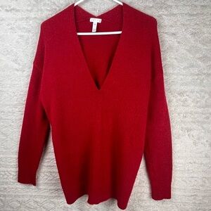 LEITH Burgundy Oversized V-Neck Sweater Super Soft Cozy